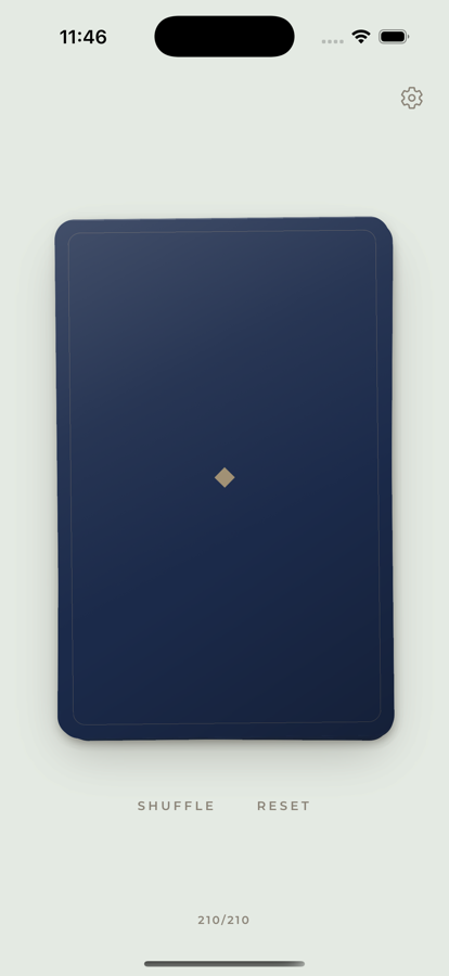 The deck face down, 210 of 210 cards remaining, with shuffle and reset beneath it
