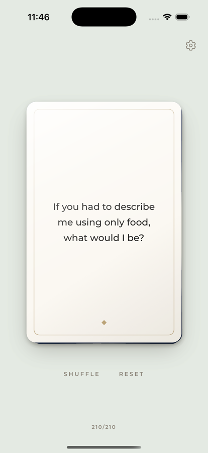 A face-up card reading: If you had to describe me using only food, what would I be?