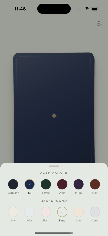 The settings sheet — six card colours and six backgrounds to choose from